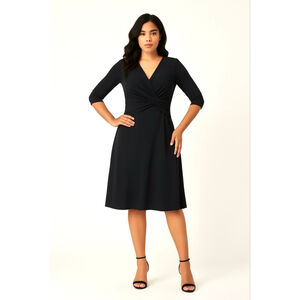 Vintage Joseph Ribkoff Black Jersey Knit Twist Knot Ruched Midi Dress Size 12